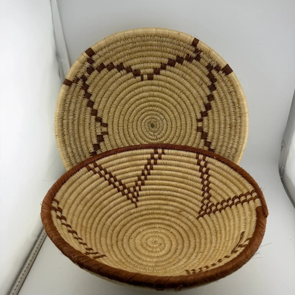 Beige Brown Woven Coil Nesting Baskets Geometric Set of 2